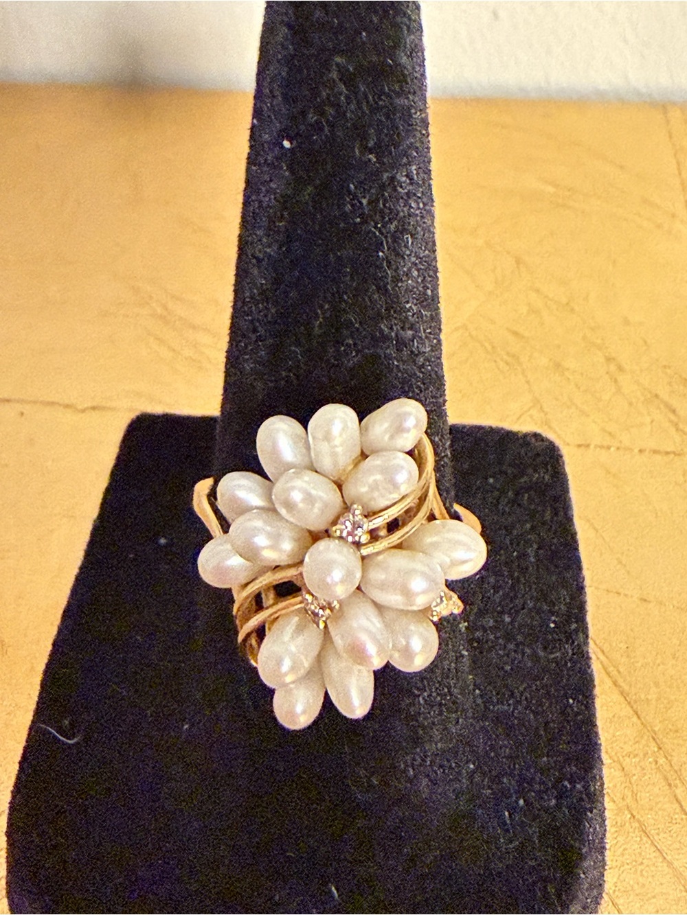 Vintage Estate 14k Gold Biwa-Style Fresh Water Pearl & Diamond Cocktail Ring